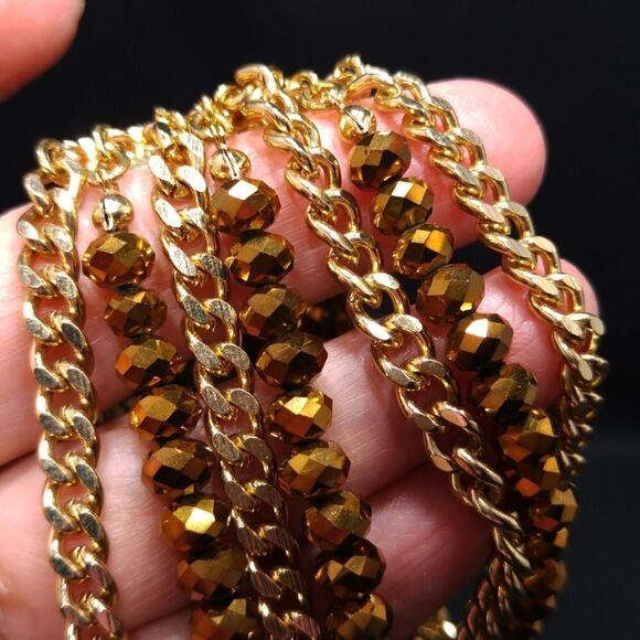 Golden Bronze Crystal Beads & Gold Chain Bracelet, Magnetic Clasp, 7 1/2 Inches - Picture 8 of 8